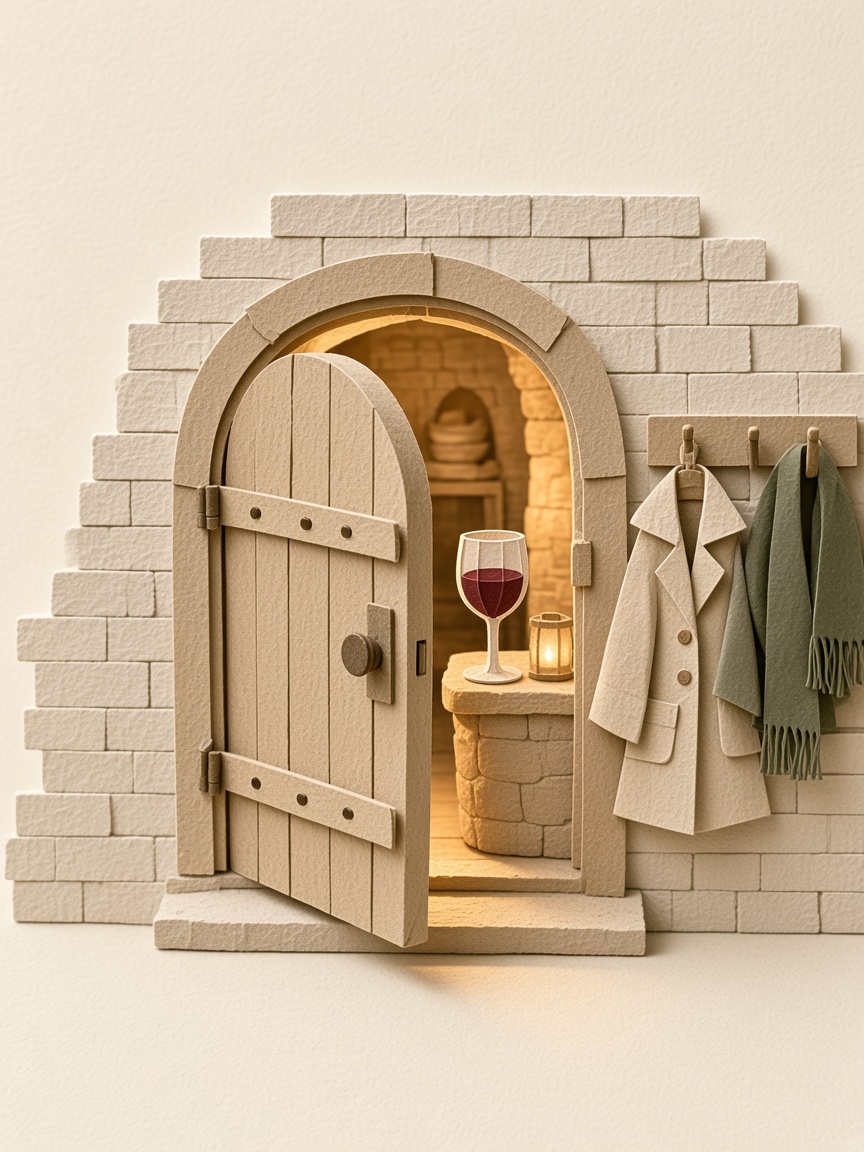 An arched door left half open, coats on the hooks, and a glass of red wine already poured inside.