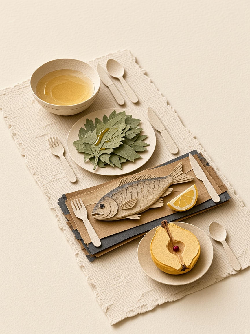 Four courses in a line: clear broth, bitter leaves with oil, a wood-roasted fish, and a warm quince.