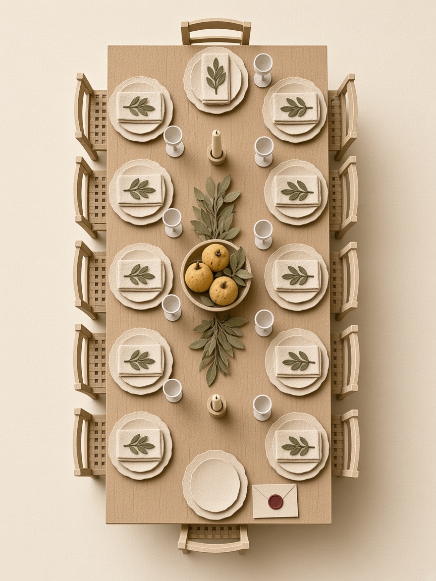 A long table seen from above, laid for twelve. One empty place is marked with a wax-sealed envelope.