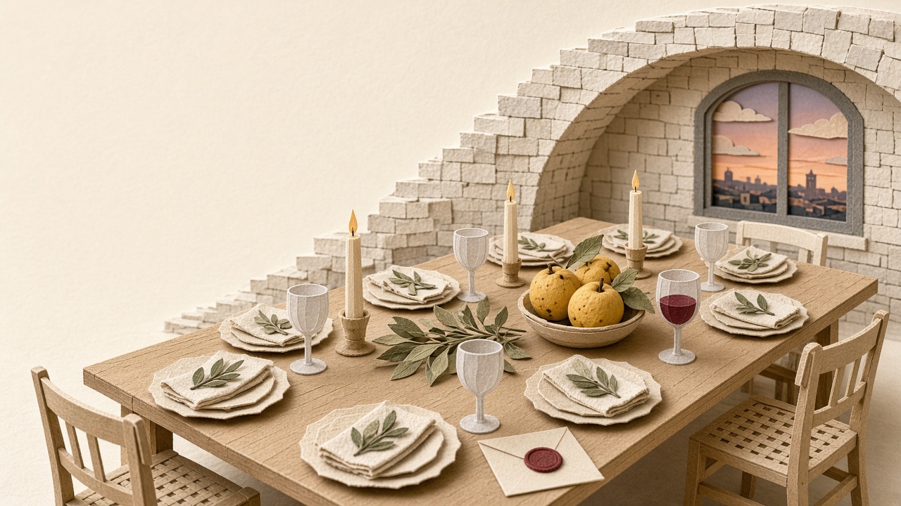 A paper-craft supper room: one long table laid for twelve, tall candles, a bowl of quinces, and an arched window onto a Lisbon dusk.